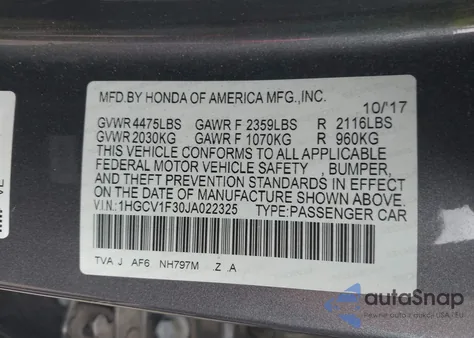 2018 Honda Accord Sport из США, поврежденный, VIN 1HGCV1F30JA022325